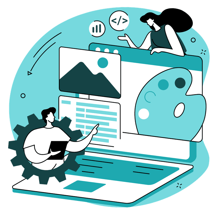 Web developer working on a laptop, showcasing Tiyani Mabasa' expertise in web development, with a vibrant and artistic background.